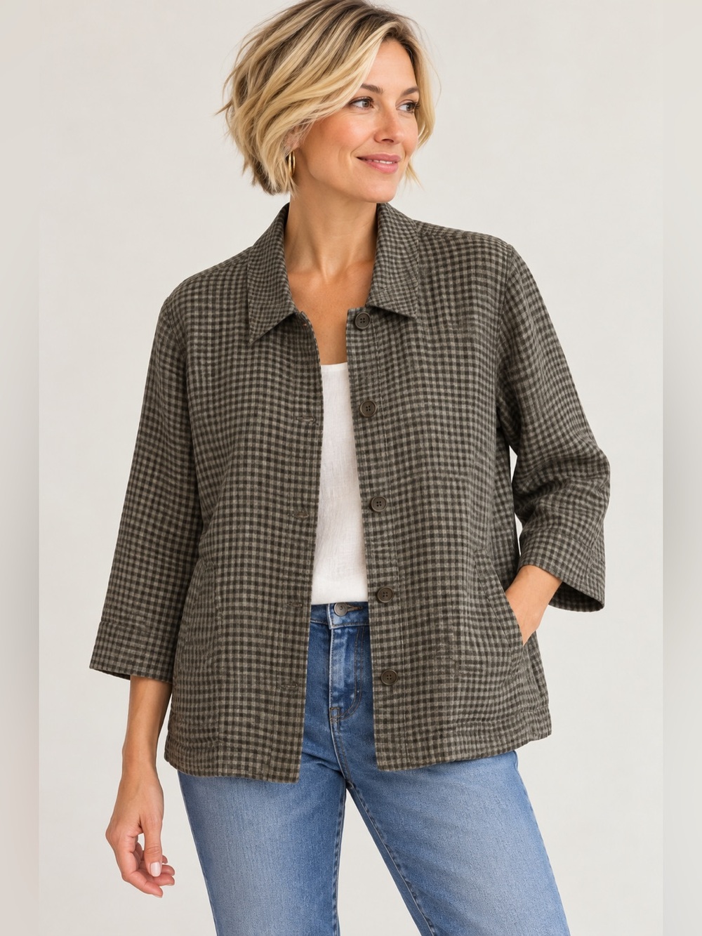 Eileen Fisher Organic Linen Puckered Gingham Jacket Olive Gray Small